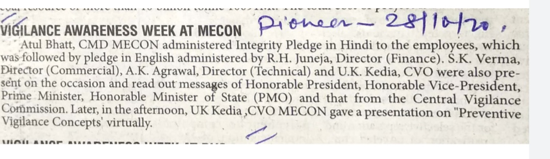 Vigilance Awareness Week observed in MECON - The Pioneer dated 20.10.2020